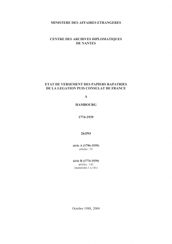 FR MAE 261PO/A-B, Hambourg, légation, 1774-1939