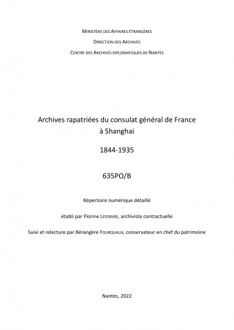 FR MAE 635PO/B, Shanghai, consulat général, 1844-1935