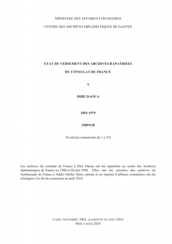 FR MAE 198PO/B, Diré-Daoua, consulat, 1893-1979