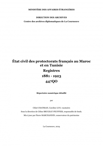 FR MAE 447QO, Etat civil, Maroc-Tunisie, registres, 1881-1923