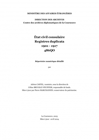 FR MAE 486QO, État civil consulaire, registres duplicata, 1901-1917