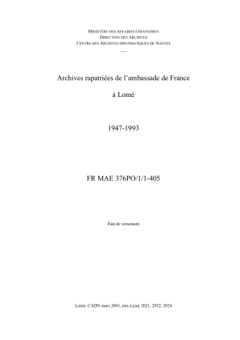 FR MAE 376PO/1, Lomé, ambassade, 1947-1993