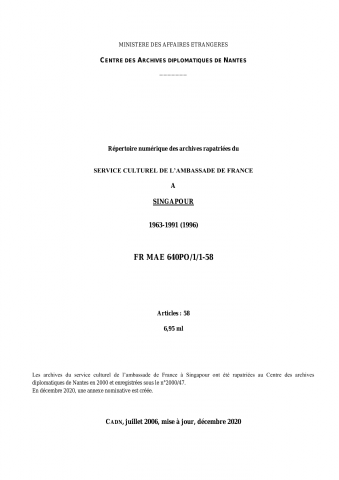 FR MAE 640PO/1/1-58, Singapour, service culturel, 1963-1991
