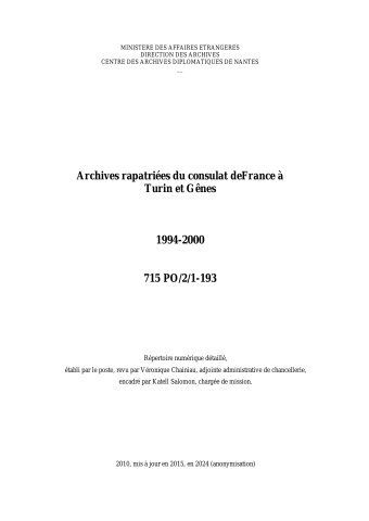 FR MAE 715PO/2/1-193, Turin et Gênes, consulat, 1994-2000