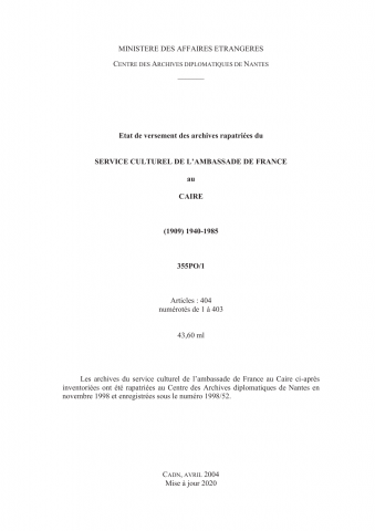 FR MAE 355PO/1, Le Caire, service culturel, 1940-1985