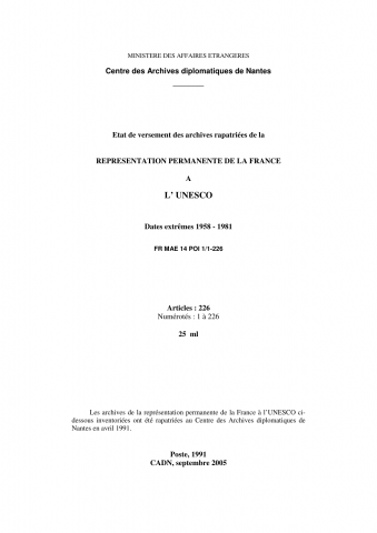 FR MAE 14POI, Paris, représentation permanente auprès de l'Organisation des Nations unies pour l'éducation, la science et la culture (UNESCO), 1958-1981