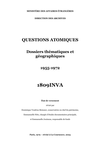 FR MAE 1809INVA, Questions atomiques, dossiers thematiques et geographiques, 1955-1972