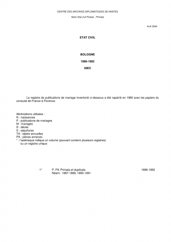 FR MAE 30EC, Bologne, état civil consulaire, primata, 1886-1892