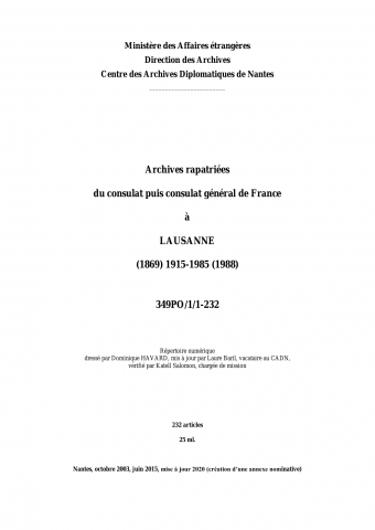 FR MAE 349PO/1, Lausanne, consulat, 1915-1985