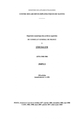 FR MAE 294PO/2, Jérusalem, consulat général, 1948-1966