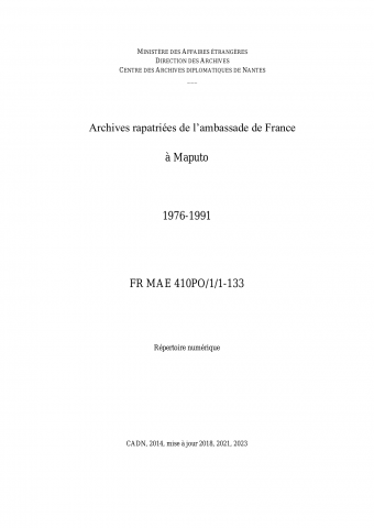FR MAE 410PO/1/1-133, Maputo, ambassade, 1954-1991