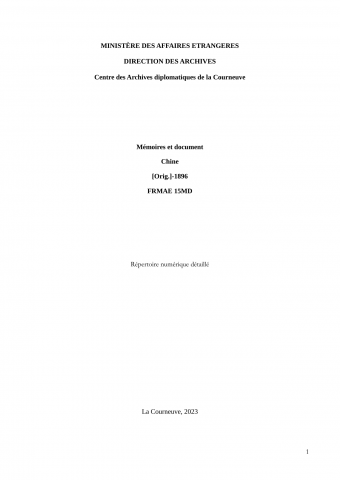 FR MAE 15MD, Memoires et documents, Chine, 1720-1908