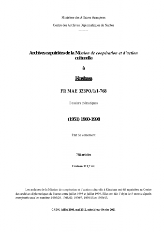 FR MAE 323PO/1/1-768, Kinshasa MCAC, 1960-1998