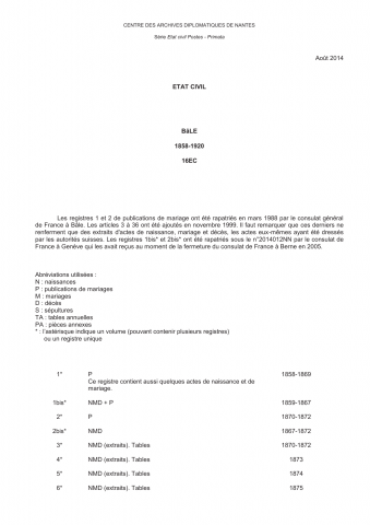 FR MAE 16EC, Bâle, état civil consulaire, primata, 1858-1920
