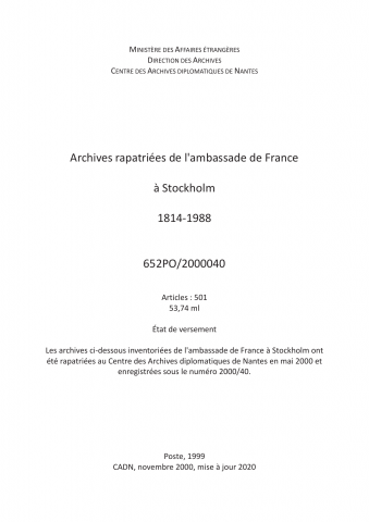 FR MAE 652PO/2000040, Stockholm, ambassade, 1814-1988