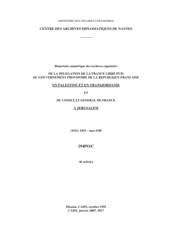 FR MAE 294PO/C, Jérusalem, consulat, 1941-1947