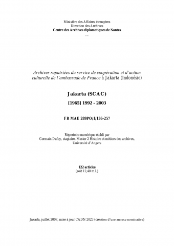 FR MAE 289PO/1/136-257, Jakarta, SCAC, 1992-2003