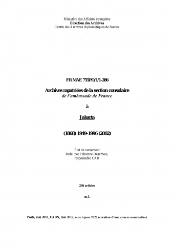 FR MAE 755PO/1/1-286, Jakarta, section consulaire, 1896-1996