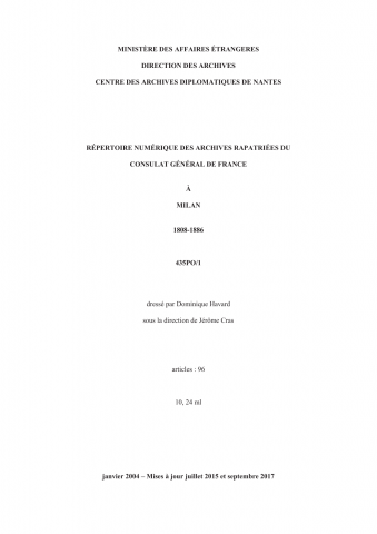 FR MAE 435PO/1, Milan, consulat, 1808-1886