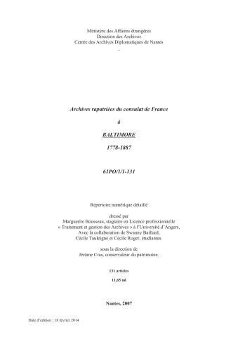 FR MAE 61PO/1, Baltimore, consulat, 1778-1887