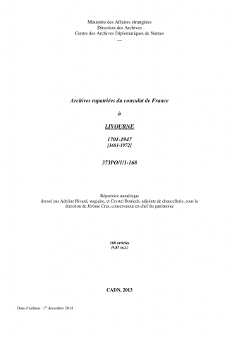 FR MAE 373PO/1, Livourne, consulat, 1701-1947