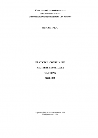 FR MAE, 172QO, État civil consulaire, registres duplicata, cartons, 1885-1891