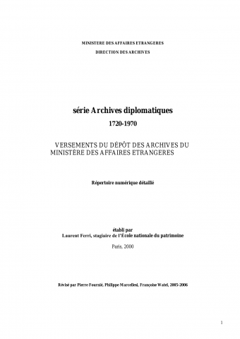 FR MAE 13ACN/210-288, Direction des Archives, dossiers des postes, 1720-1970