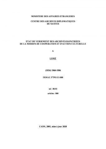 FR MAE 377PO/1/1-800, Lomé, MCAC, 1960-1996