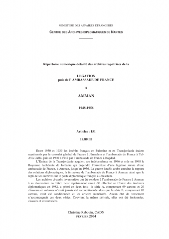 FR MAE 30PO/1, Amman, ambassade, 1948-1956
