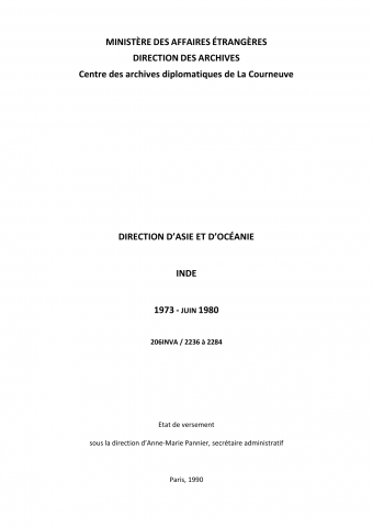 FR MAE 206INVA, Asie-océanie, Inde, 1973-1980
