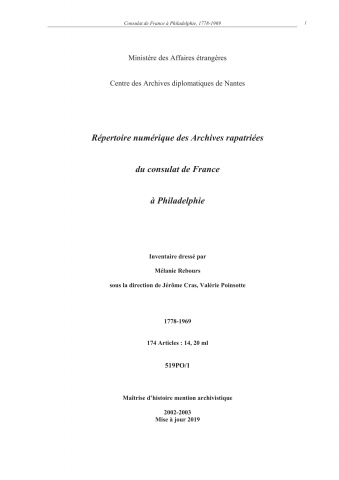 FR MAE 519PO/1, Philadelphie, consulat, 1778-1969