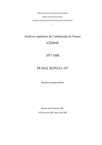 FR MAE 201PO/1/1-107, Djibouti, ambassade, 1977-1988