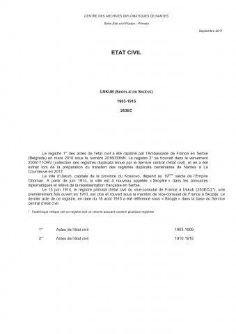 FR MAE 253EC, Uskub, état civil consulaire, primata, 1903-1915