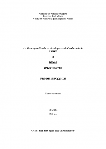 FR MAE 184PO/2/1-128, Dakar, ambassade, 1972-1997
