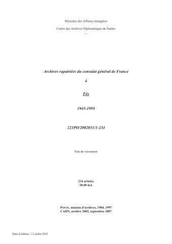 FR MAE 223PO/2002031, Fès, consulat général, 1945-1995