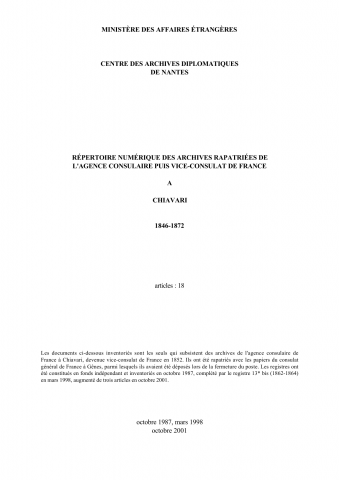 FR MAE 149PO/1, Chiavari, consulaire, 1846-1872