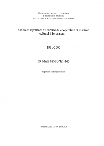 FR MAE 825PO/1/145, Jérusalem, SCAC, 1981-2000