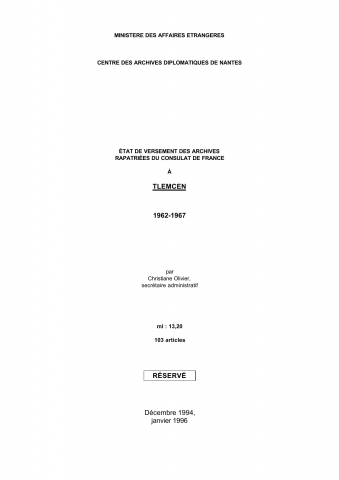 FR MAE 696PO/1, Tlemcen, consulat, 1962-1967