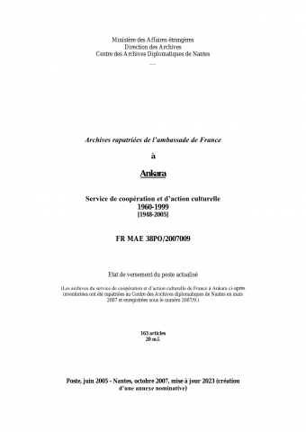 FR MAE 38PO/2007009/1-163, Ankara, SCAC, 1960-1999