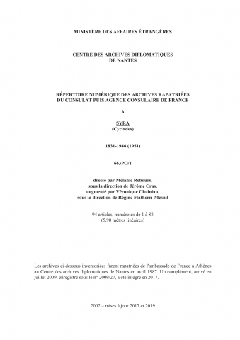 FR MAE 664PO/1, Syra, consulat, 1831-1946