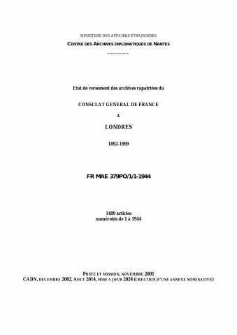 FR MAE 379PO/1/1-1944, Londres consulat, 1882-1999