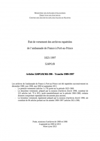 FR MAE 524PO/B/302-398, Port-au-Prince, ambassade, 1825-1997