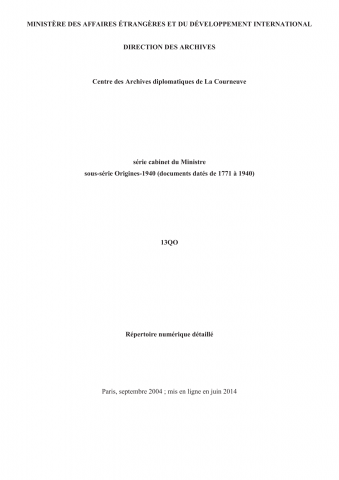FR MAE 13QO, Cabinet du ministre, 1771-1940