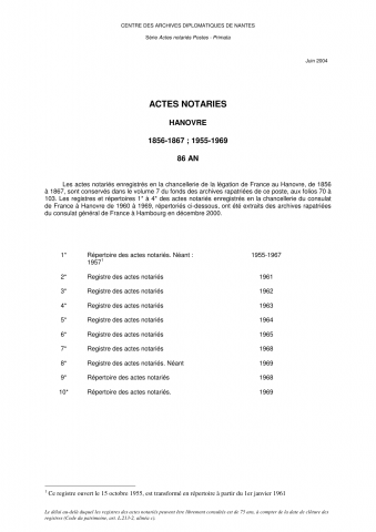 FR MAE 86AN, Hanovre, notariat consulaire, primata, 1856-1867, 1955-1969