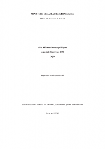 FR MAE 2QO, Affaires diverses politiques, Guerre de 1870, 1859-1899