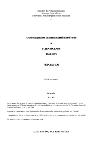 FR MAE, 715PO/1/1-136, Turin, Genes, consulat, 1945-1993