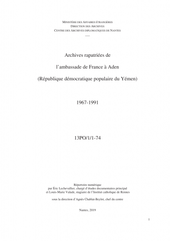 FR MAE 13PO/1, Aden, ambassade, 1967-1991