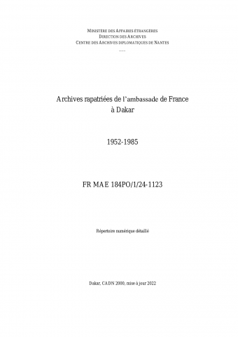 FR MAE 184PO/1, Dakar, ambassade, 1952-1985