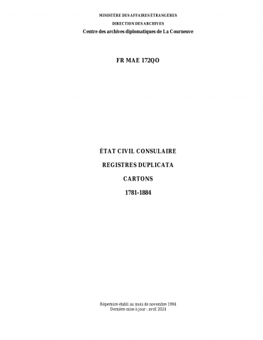 FR MAE 172QO, État civil consulaire, registres duplicata, cartons, 1781-1884