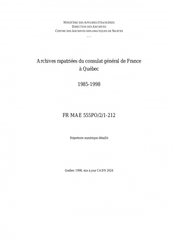 FR MAE 555PO/2/1-212, Québec, ambassade, 1985-1998